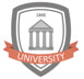 University logo with building and ribbon