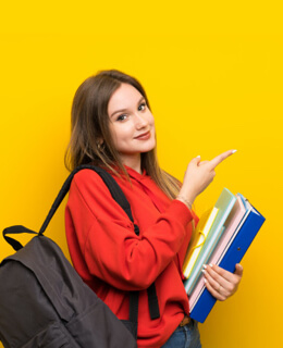 Student with backpack and folders, pointing sideways.