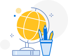 Globe with creative workspace supplies