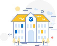 Illustration of a school building with checkmark.