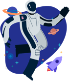 Astronaut floating in space with planets.