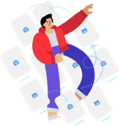 Illustration of a person amidst tech icons.