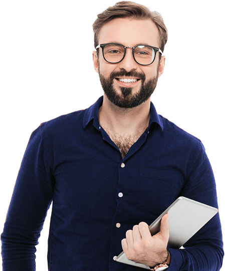 Smiling man holding a tablet, wearing glasses.
