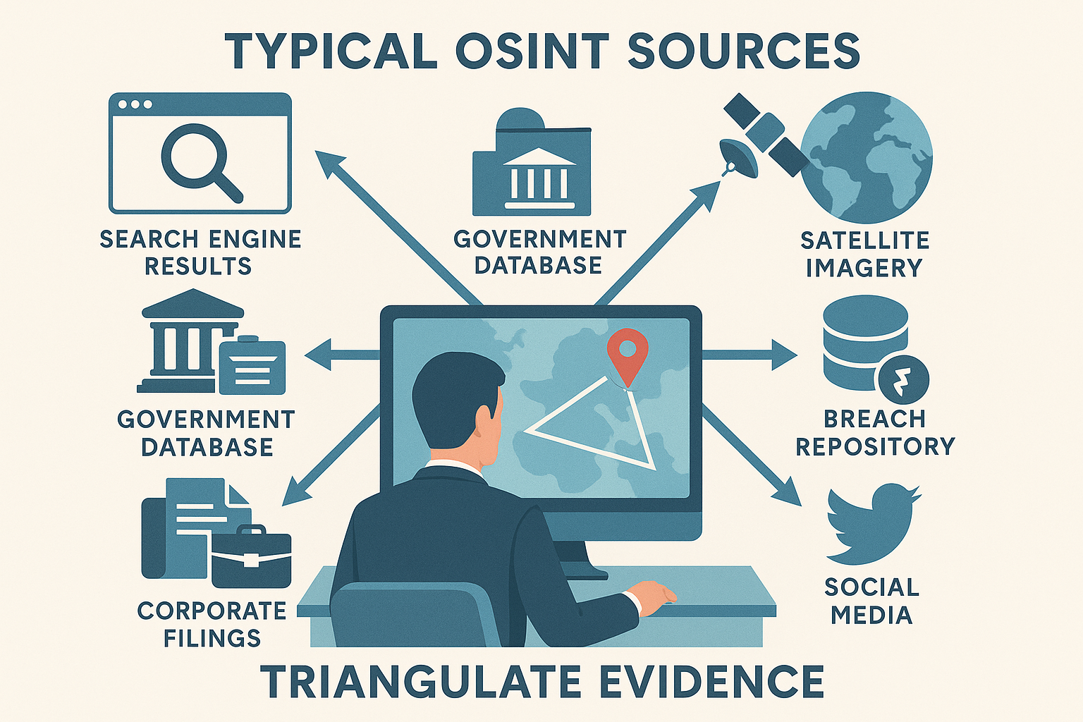 OSINT sources infographic for evidence triangulation.
